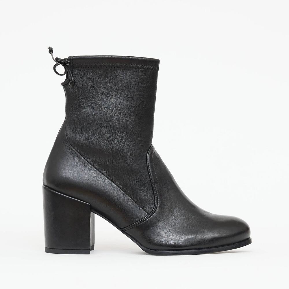 Stuart Weitzman Shorty Black Stretch Leather Sock Ankle Boots Block Heel 8.5 M